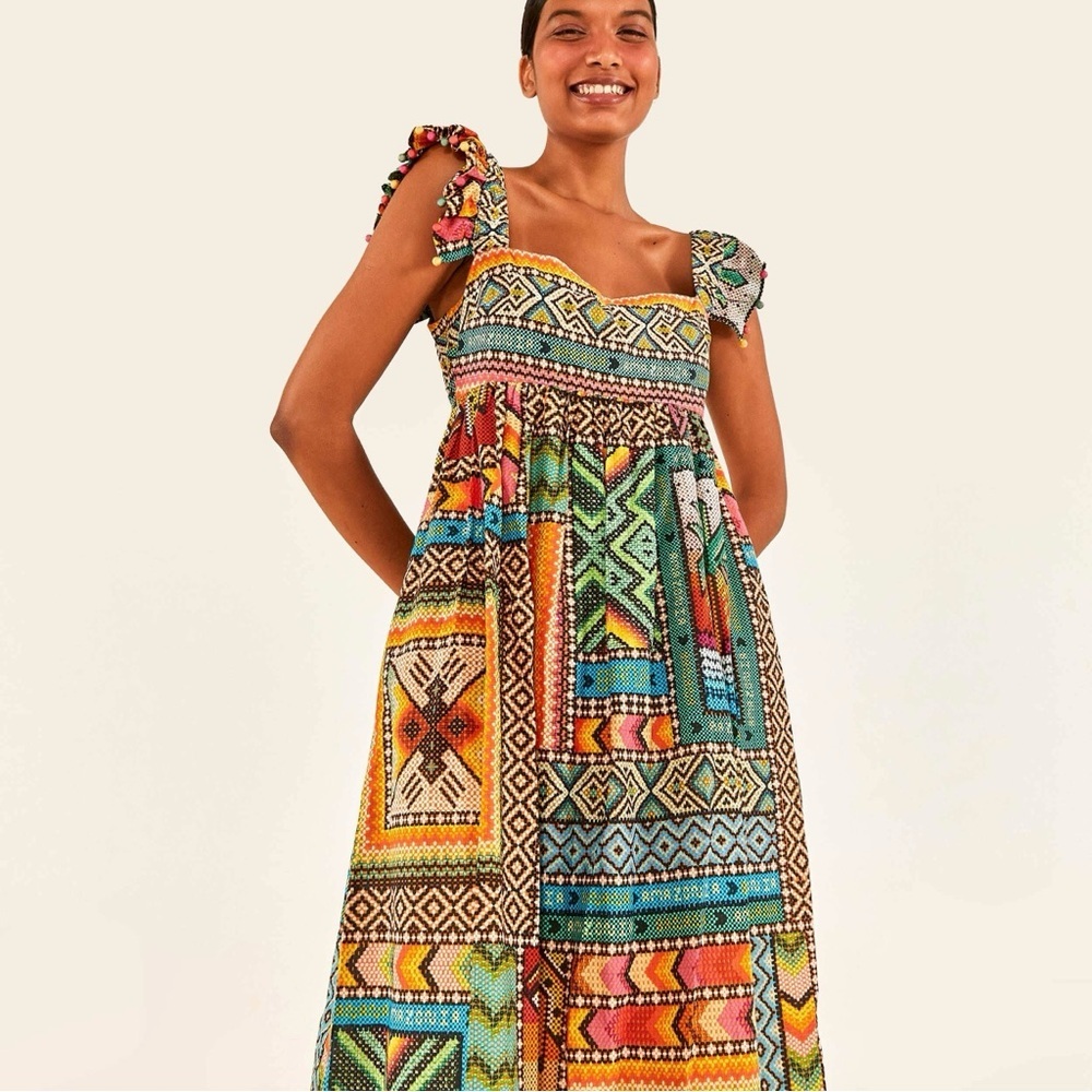Farm Rio Banana Scarves Patchwork Midi Dress XS Pockets